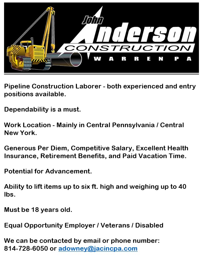 John Anderson Construction In Warren Is Hiring Pipeline Construction