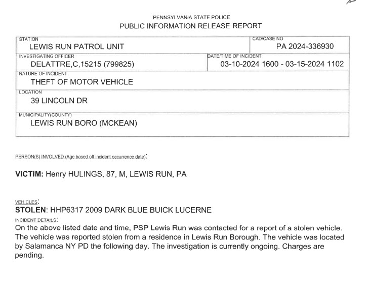 Motor Vehicle Theft Investigation Ongoing In Lewis Run Borough