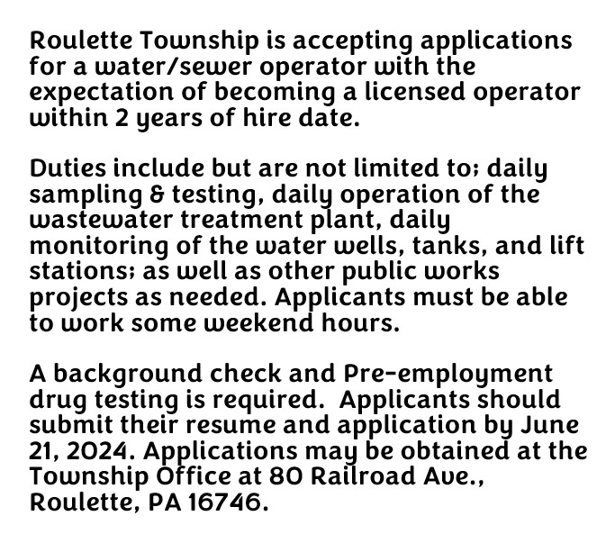 Roulette Township Seeking Water/Sewer Operator Solomon's Words for