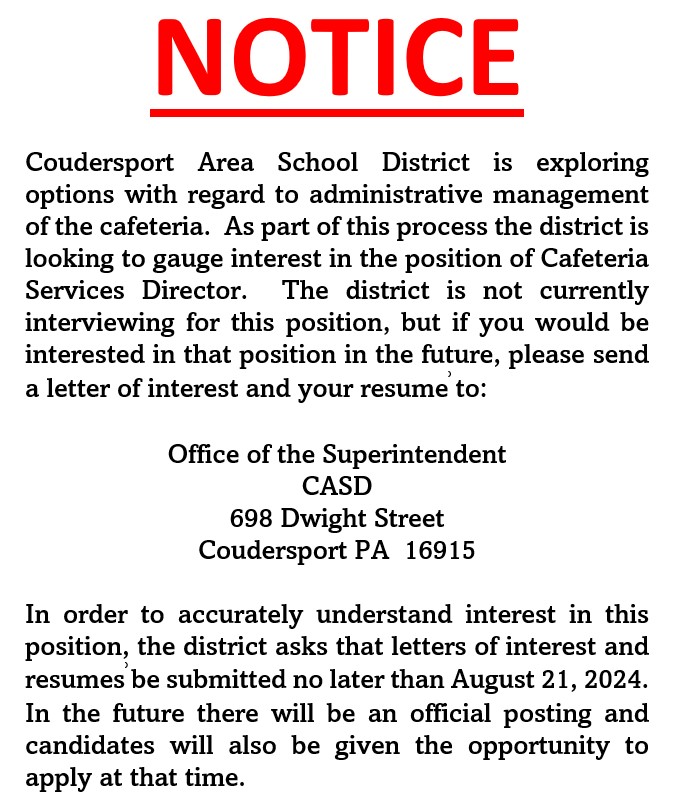Coudersport Area School Accepting resumes՚ For District Cafeteria Service Director Solomon's