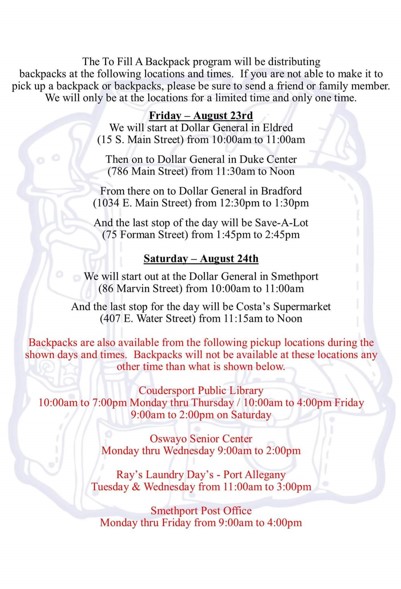 To Fill a Backpack Distribution Locations, and Times – Solomon's Words ...