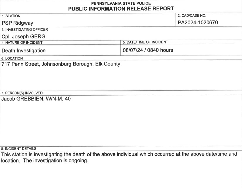 Sample Inditement Ridgway PSP Investigating A Death In Johnsonburg Borough – Solomon's ...