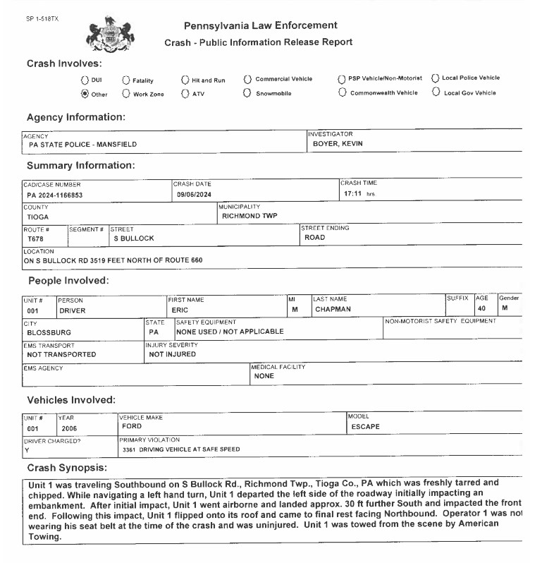 No Injuries In One Vehicle Rollover Crash On S. Bullock Rd. In Richmond Twp. Solomon's Words