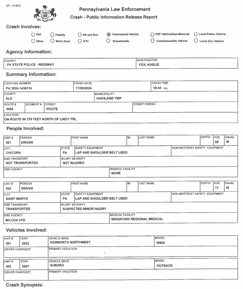 Form 1769 Suspected Minor Injuries In Two Vehicle Crash On Rt. 66 In Highland Twp ...