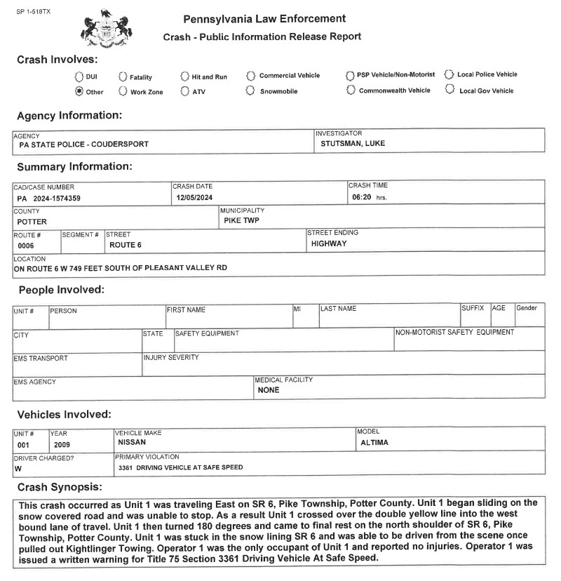 Form 1769 No Injuries In One Vehicle Crash On Rt. 6 In Pike Twp. – Solomon's ...