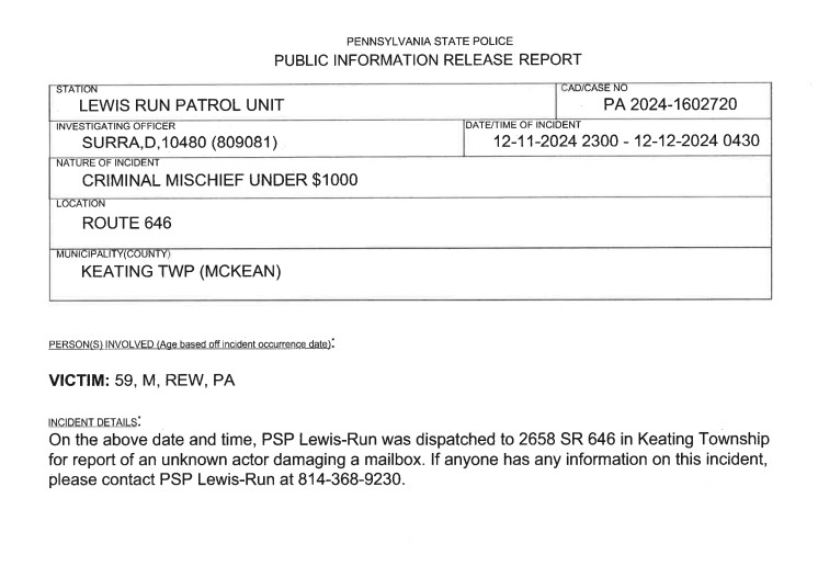 Lewis Run PSP Seeking Information For Damaged Mailbox In Keating Twp ...