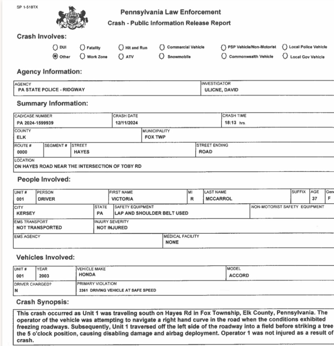 Form 1769 No Injuries In One Vehicle Accident On Hayes Rd. In Fox Twp. – Solomon ...