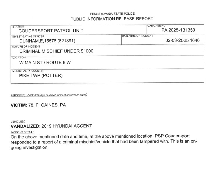 Coudersport PSP Investigating Criminal Mischief In Pike Twp. – Solomon ...