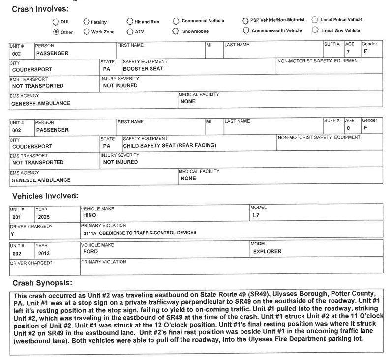 Form 1769 No Injuries In Two Vehicle Accident On Rt. 49 In Ulysses Borough ...