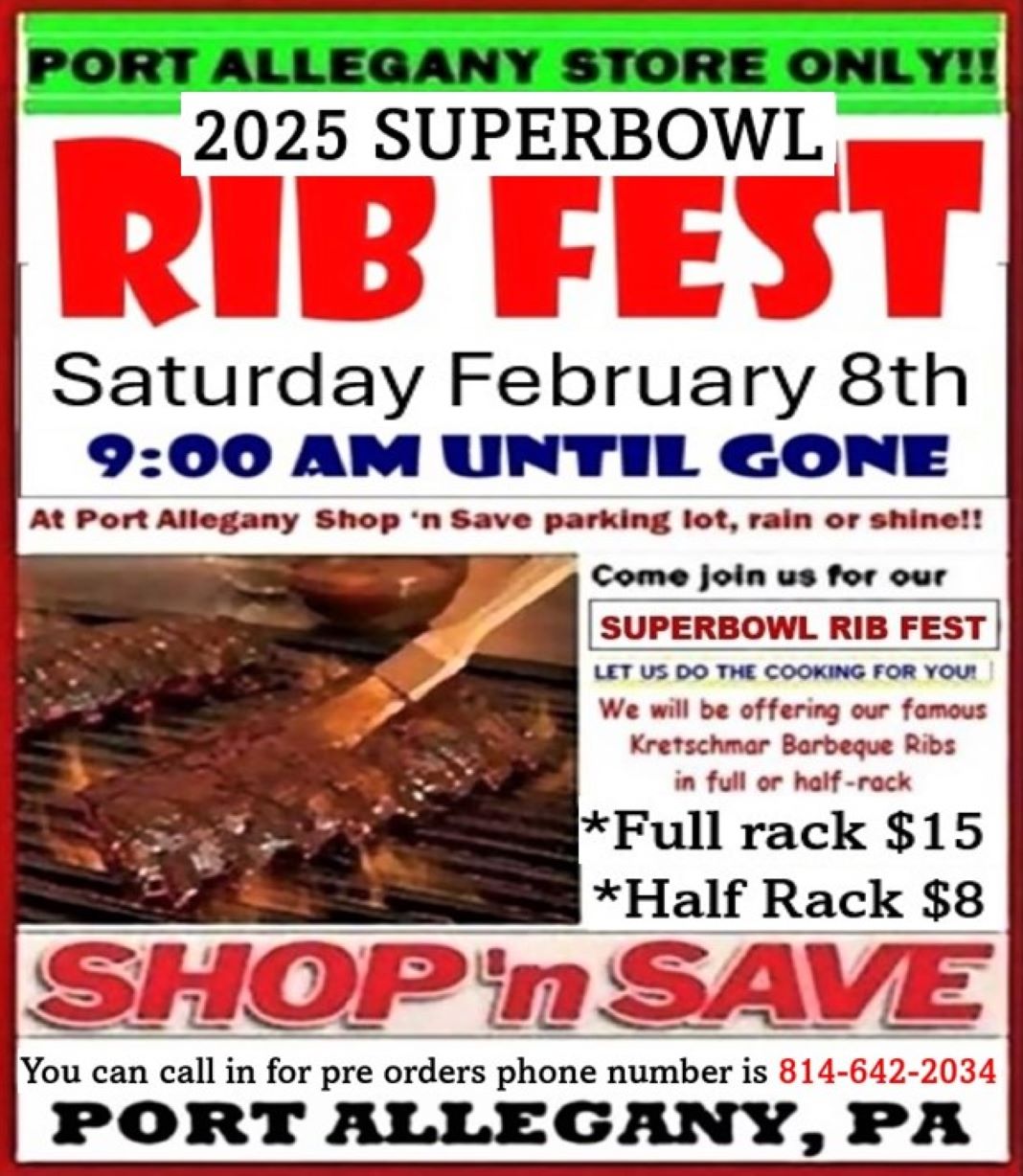 Port Allegany Shop ‘N Save Superbowl Rib Fest February 8th – Solomon's ...
