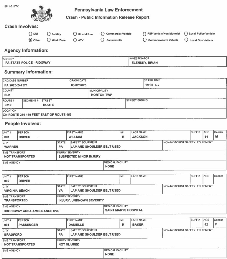 Form 1769 One Transported To St. Marys Hospital In Two Vehicle Crash On Rt. 219 ...