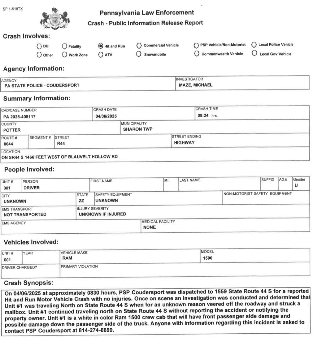 What's Rt44 No Injuries In Hit And Run Crash On Rt. 44 In Sharon Twp. – Solomon's ...
