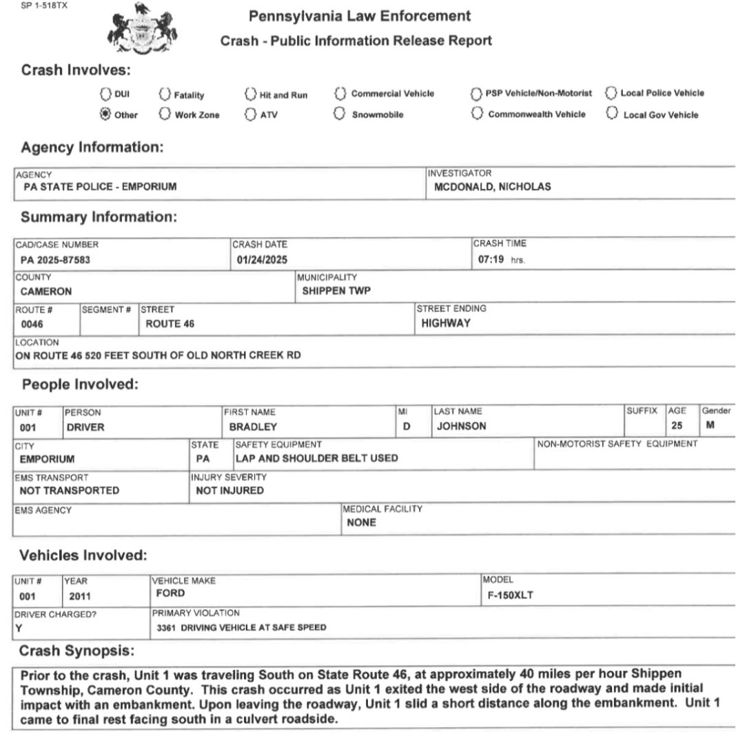 No Injuries In One Vehicle Crash On Rt. 46 In Shippen Twp. – Solomon's ...