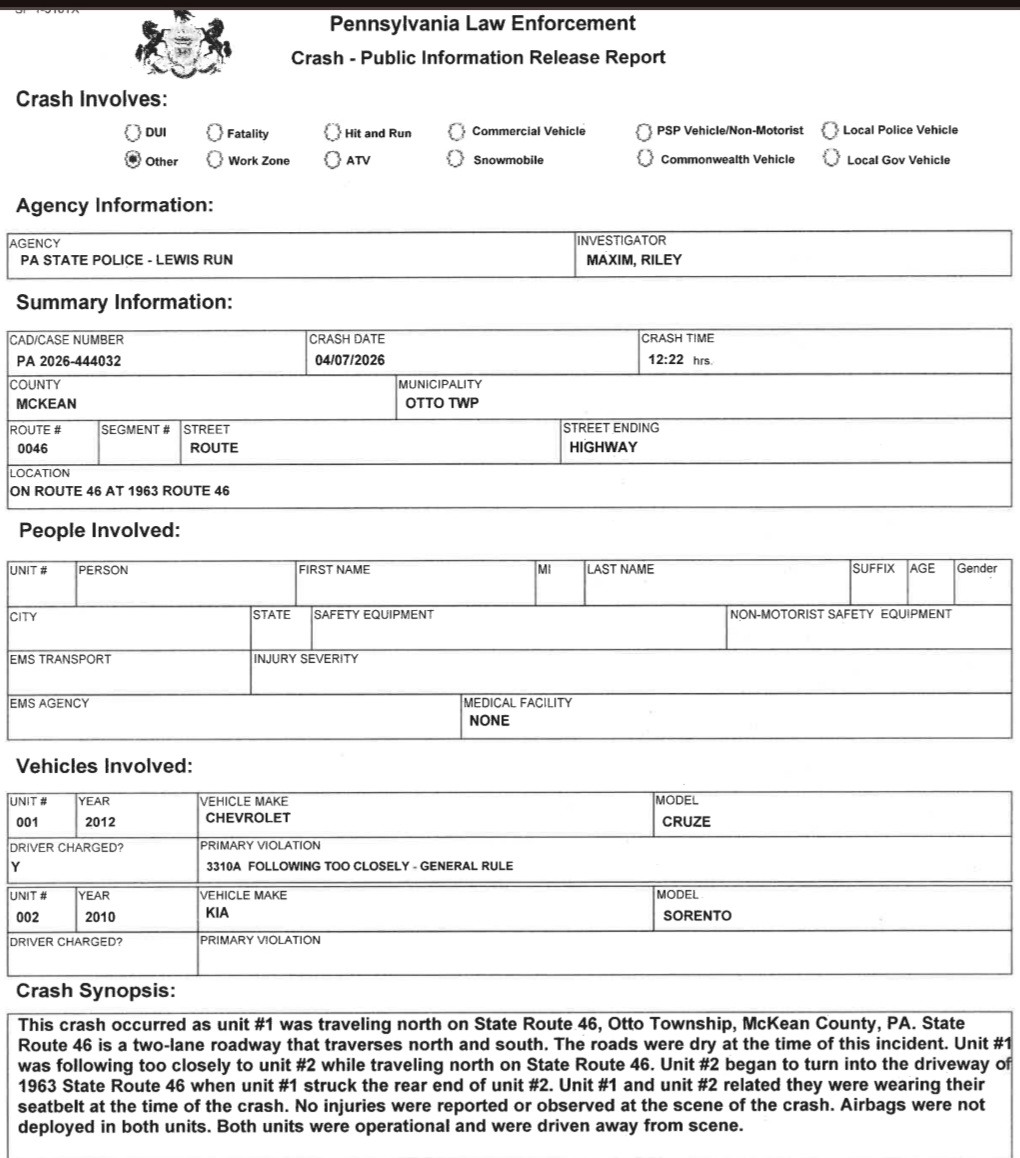 No Injuries In Two Vehicle Crash On Rt. 46 In OttoTwp. – Solomon's ...
