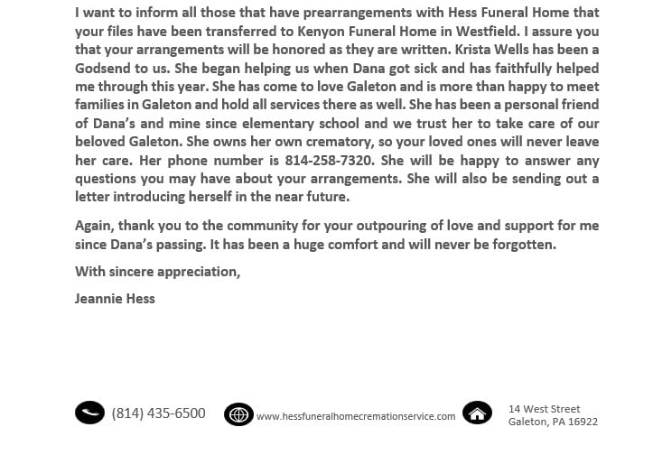 Hess Funeral Home & Cremation Service In Galeton Is Closing, Effective